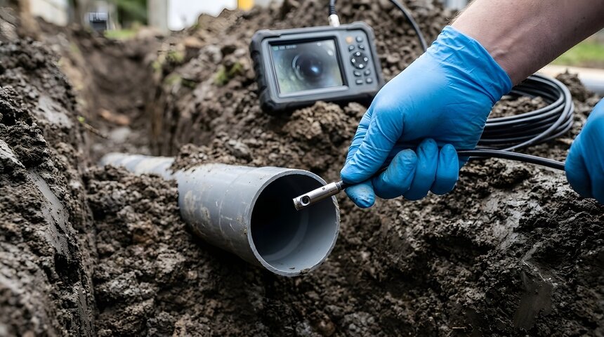 Plumber running a video camera inspection inside a sewer pipe